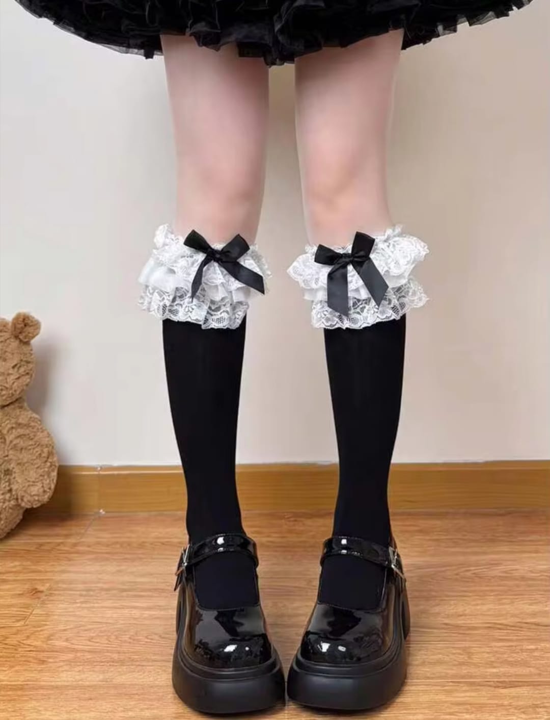 White Lace Ruffle Over-the-Calf Socks with Black Bow – Cute Coquette Thigh-High Stockings for Women